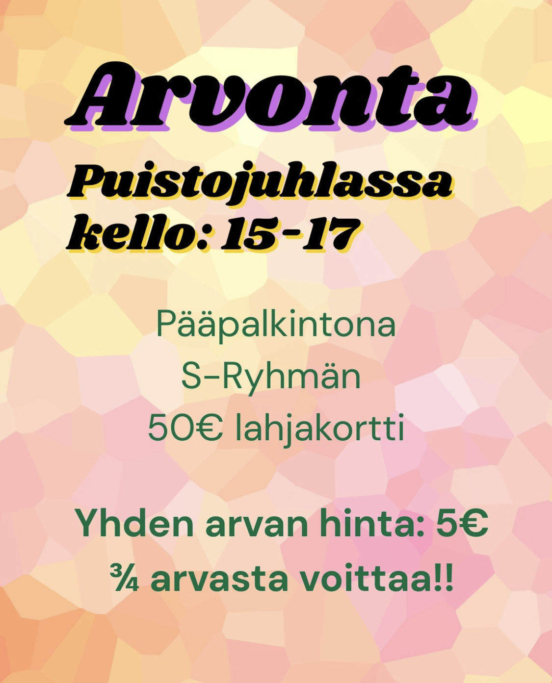 Arvonta Puistojuhlassa kello 15 – 17
